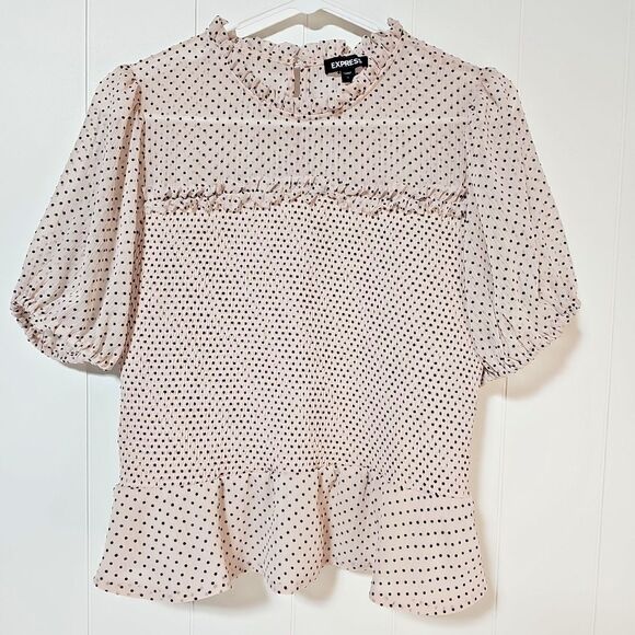 Express Womens Sheer Smocked Blouse Large Soft Pink Polka Dots Ruffles Feminine - Picture 1 of 16